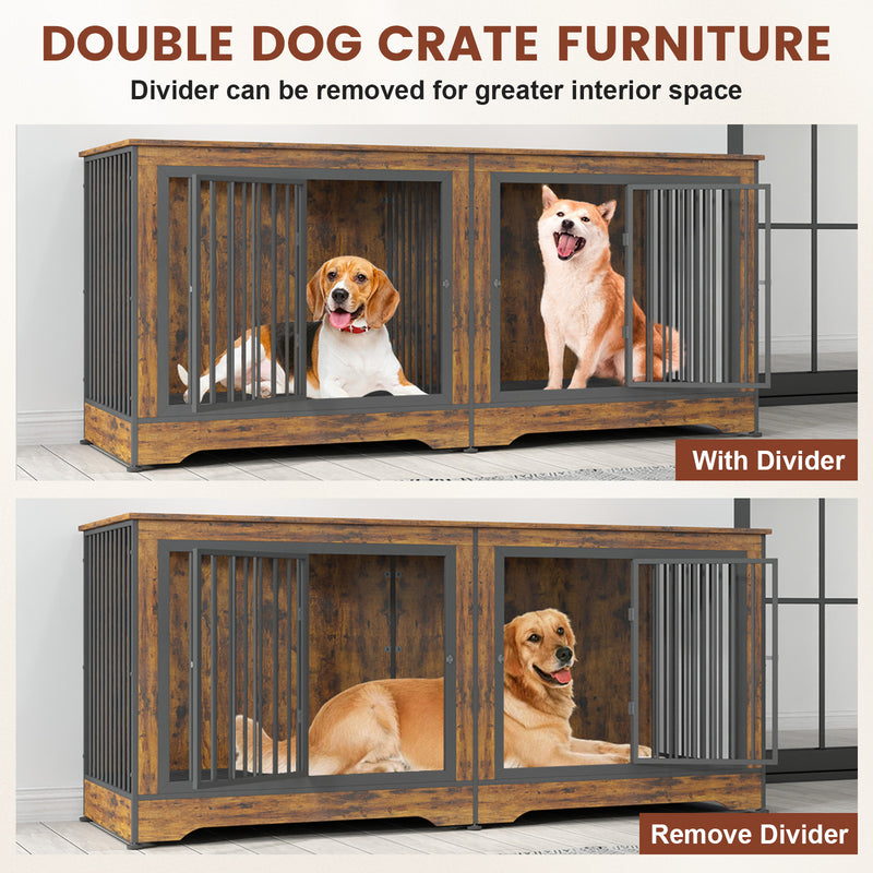 75 Inch Brown Large Double Dog Crate Furniture for 2 Dogs Durable 3-in-1 Dog Crate TV Stand with Trays and Divider, Dog Kennel Indoor