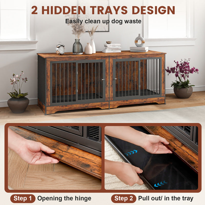 75 Inch Brown Large Double Dog Crate Furniture for 2 Dogs Durable 3-in-1 Dog Crate TV Stand with Trays and Divider, Dog Kennel Indoor