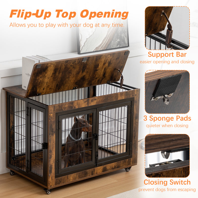 Dog Crate Furniture, Large Dog Kennel, Wooden Pet Furniture with Pull-Out Tray, Home and Indoor Use, Double Door Modern Side End Table for Medium/Large/Small Dog