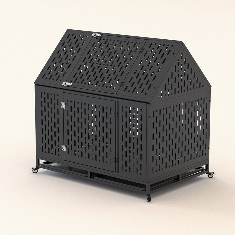 45" Heavy Duty Dog Crate 45 inch Indestructible Pet Dog Cage Crate Kennel with Roof Top 2 Doors Removable Trays, Lockable Wheels, Escape-Proof for High Anxiety Large/Extra Dogs