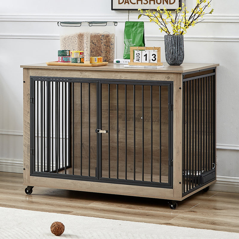 Furniture Style Dog Crate Side Table With Rotatable Feeding Bowl, Wheels, Three Doors, Flip-Up Top Opening. Indoor, Rustic Brown, Grey