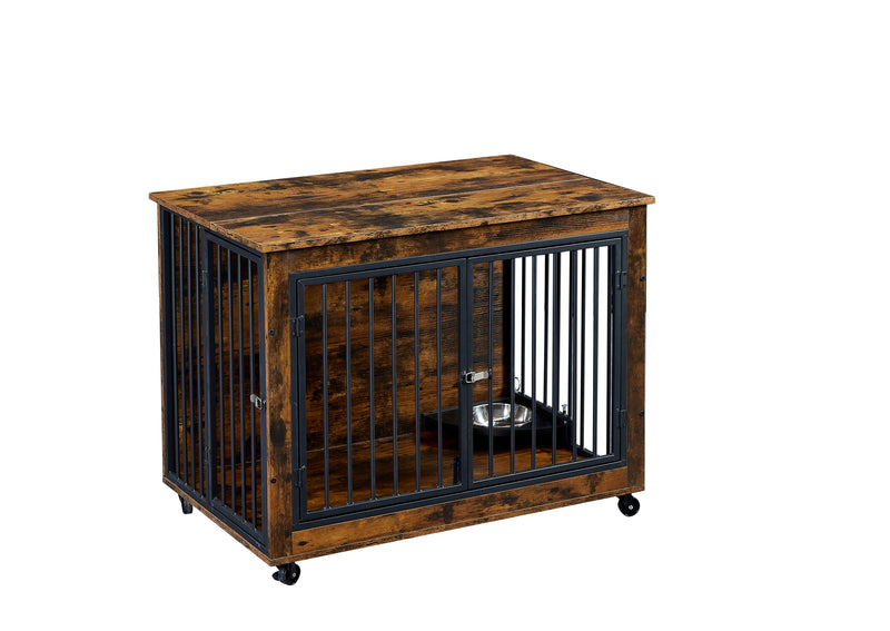 Furniture Style Dog Crate Side Table With Rotatable Feeding Bowl, Wheels, Three Doors, Flip-Up Top Opening. Indoor, Rustic Brown, Grey