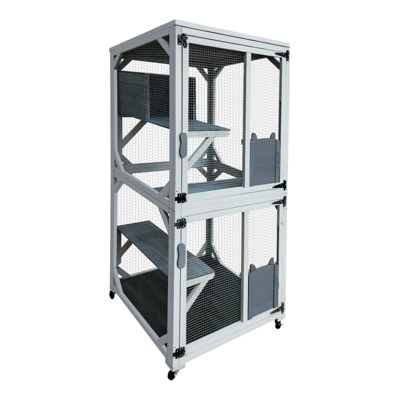 30.7" Wooden Catio Outdoor Cat Enclosure, Luxury Cat House on Wheels with Napping House, 4 Platforms & Weatherproof Asphalt Roof, Large Kitty Cat Condo Cage Shelter Playpen with Sliding Doors