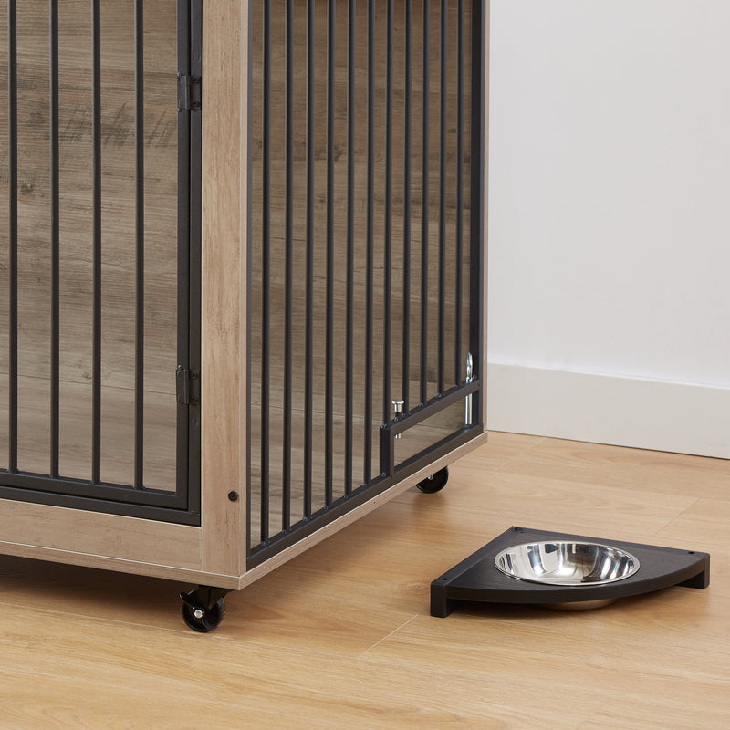 Furniture Style Dog Crate Side Table With Rotatable Feeding Bowl, Wheels, Three Doors, Flip-Up Top Opening. Indoor, Rustic Brown, Grey