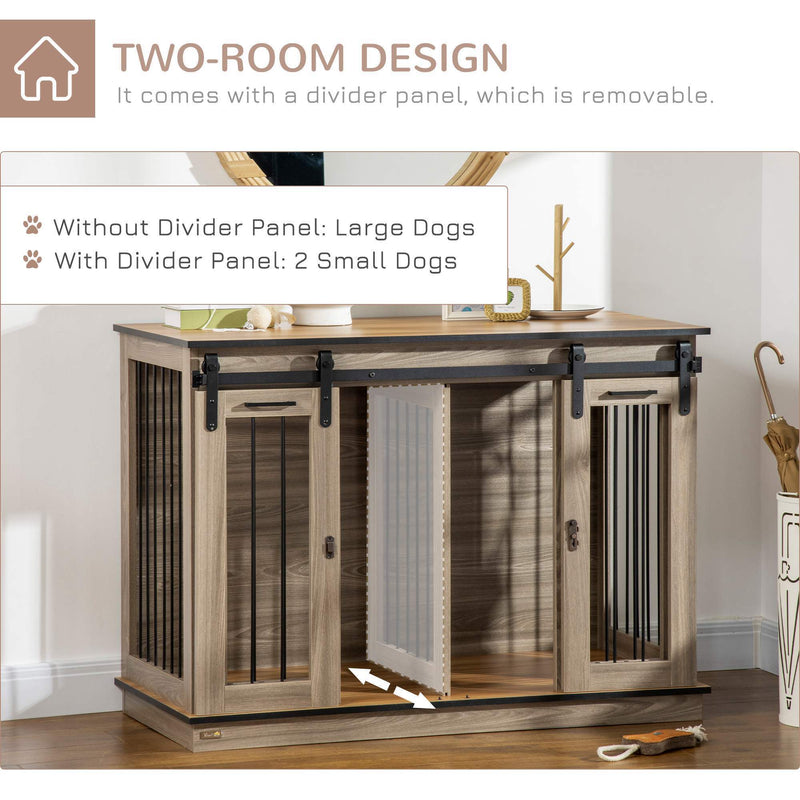 Dog Crate Furniture with Divider, Dog Crate End Table for Small to Large Dogs, Large Indoor Dog Kennel with Double Doors, 47"W x 23.5"D x 35"H, Oak