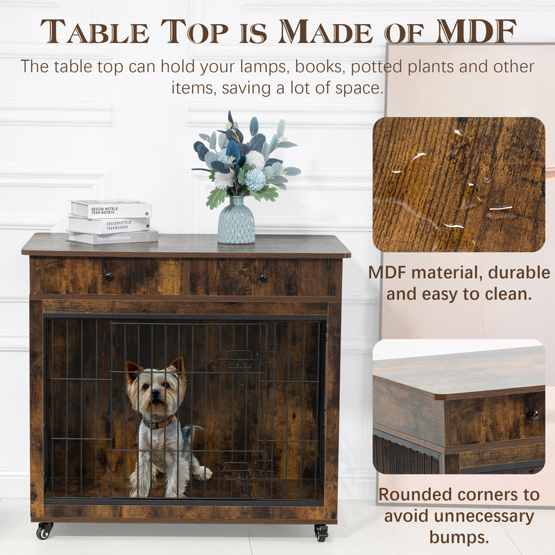 Dog Crate Furniture, Wooden Dog Crate End Table, Dog Kennel with 2 Drawers Storage, Heavy Duty Dog Crate, Decorative Pet Crate Dog Cage for Large Indoor Use