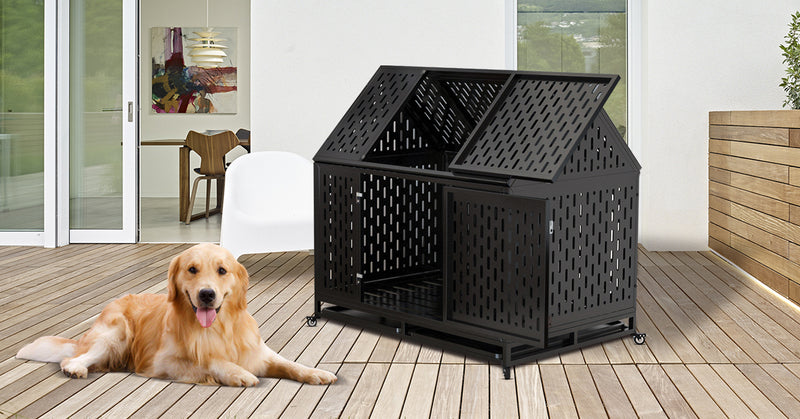 45" Heavy Duty Dog Crate 45 inch Indestructible Pet Dog Cage Crate Kennel with Roof Top 2 Doors Removable Trays, Lockable Wheels, Escape-Proof for High Anxiety Large/Extra Dogs