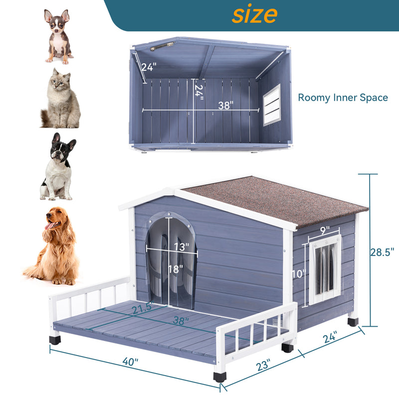 Large Wooden Dog House Indoor Outdoor with Terrace and Open Waterproof Asphalt Roof, Outdoor Dog House with Raised Floor, Windows and Door Curtains, Suitable for Small and Medium Dogs