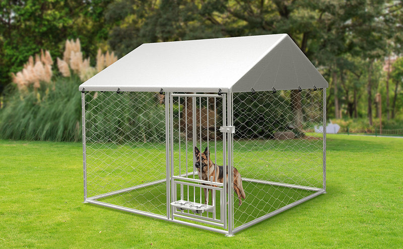 Large outdoor kennel, heavy duty outdoor fenced dog cage with swivel feeder, outdoor dog playpen with waterproof UV protection cover and safety lock,6.67'w x 6.67'd x 5'h