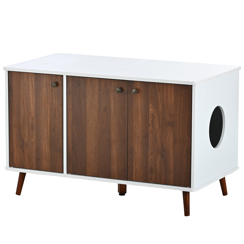 Cat Litter Box Furniture with Hidden Plug, 3 Doors,Indoor Cat Washroom Storage Bench Side Table Cat House, Large Wooden Enclused Litter Box House