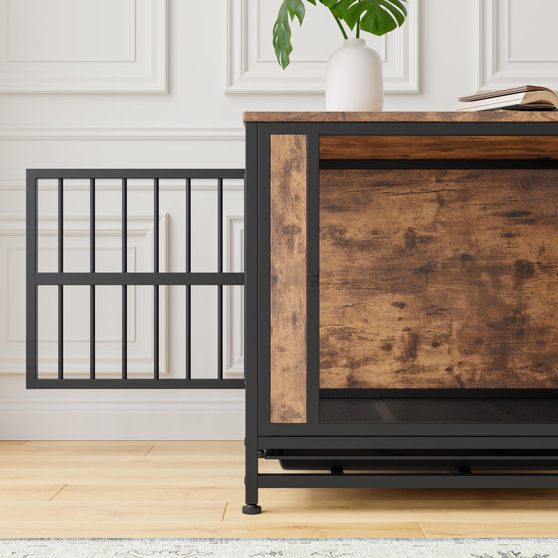 Dog Crate Furniture, Wooden Dog Crate Table, Dog Kennel with 2 Sliding Doors and Thick Iron Door Frame, Decorative Pet Crate House for Small Dog Indoor Use