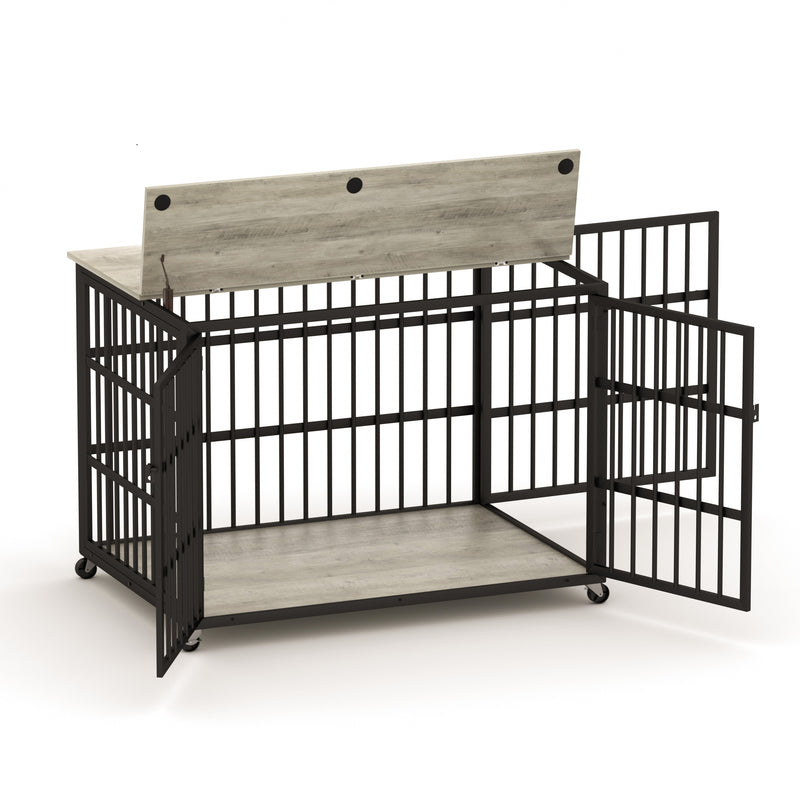 Furniture style dog crate wrought iron frame door with side openings, Rustic Brown, 43.3''W x 29.9''D x 33.5''H.