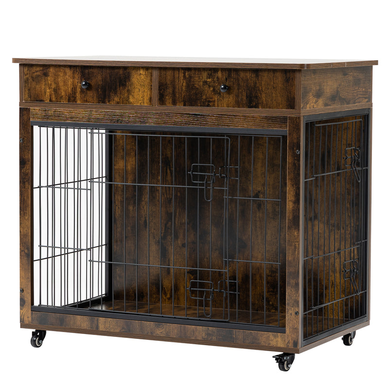 Dog Crate Furniture, Wooden Dog Crate End Table, Dog Kennel with 2 Drawers Storage, Heavy Duty Dog Crate, Decorative Pet Crate Dog Cage for Large Indoor Use