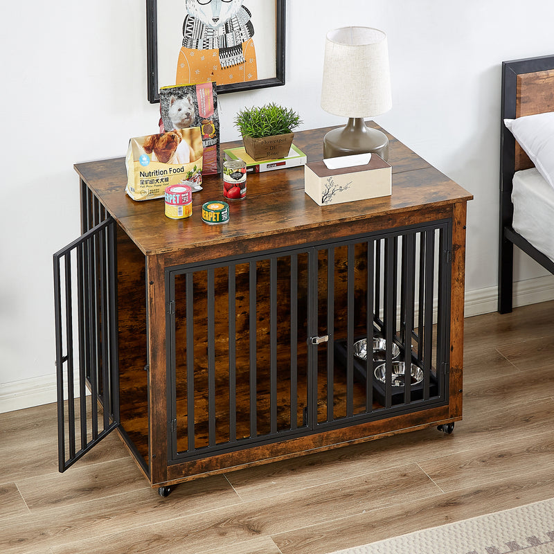 Furniture Style Dog Crate Side Table With Feeding Bowl, Wheels, Three Doors, Flip-Up Top Opening. Indoor, Rustic Brown, Grey