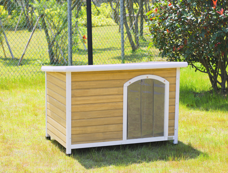 Medium Wooden Outdoor Dog House, Waterproof Roof, Elevated Floor, Adjustable Plastic Feet, Red, Grey, Yellow