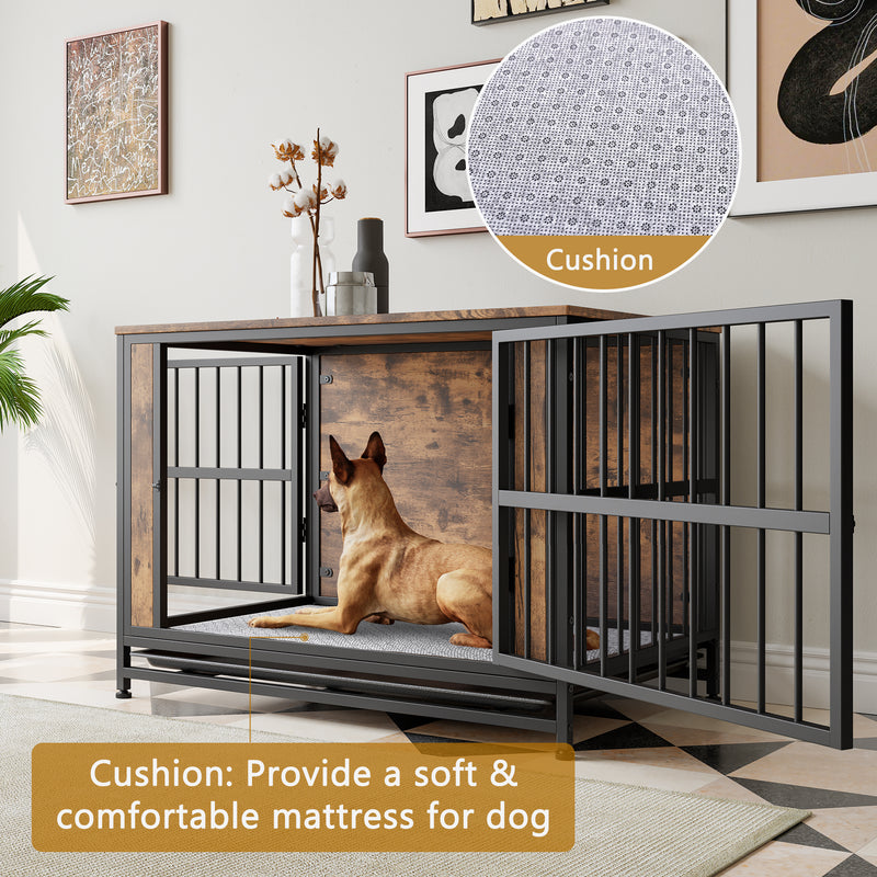 Dog Crate Furniture, Wooden Dog Crate Table, Dog Kennel with 2 Sliding Doors and Thick Iron Door Frame, Decorative Pet Crate House for Small Dog Indoor Use