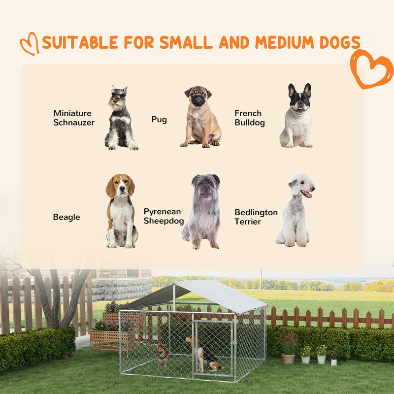 Large Dog Kennel Outside, Heavy Duty Dog Cage with Waterproof Cover, Outdoor Fence Dog Run with Galvanized Chain Link, Secure Lock, 6.6' x 6.6' x 4.9'