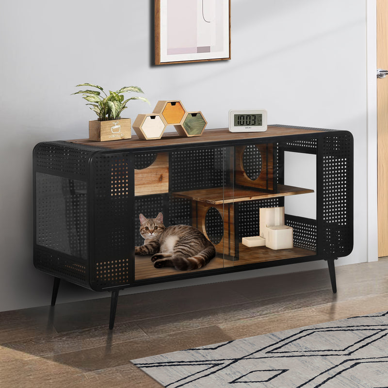 55.12 "Spacious Cat House with Tempered Glass, for Living Room, Hallway, Study and Other Spaces (White,Black)
