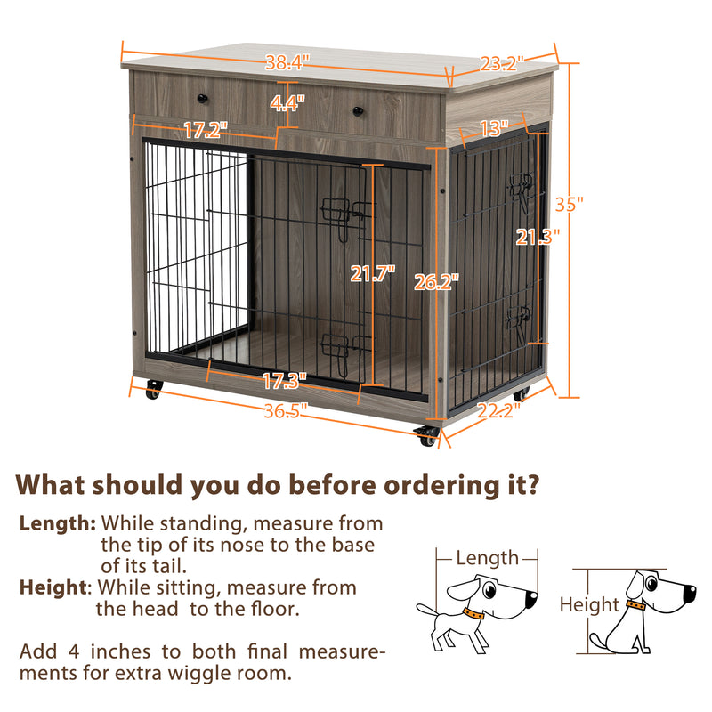 Dog Crate Furniture, Wooden Dog Crate End Table, Dog Kennel with 2 Drawers Storage, Heavy Duty Dog Crate, Decorative Pet Crate Dog Cage for Large Indoor Use