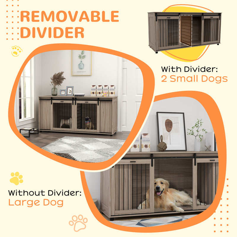 Dog Crate Furniture with Removable Divider for 2 Small Dogs or 1 Large Dog, 71" Modern Dog Kennel Furniture End Table with Storage, Double Doors, Walnut