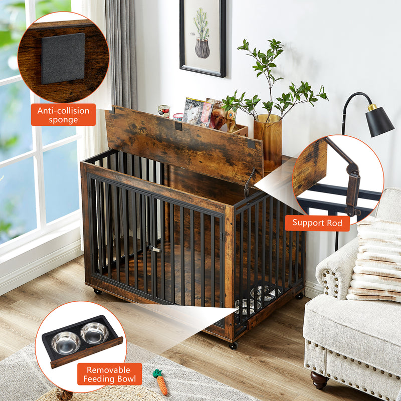 Furniture Style Dog Crate Side Table With Feeding Bowl, Wheels, Three Doors, Flip-Up Top Opening. Indoor, Rustic Brown, Grey