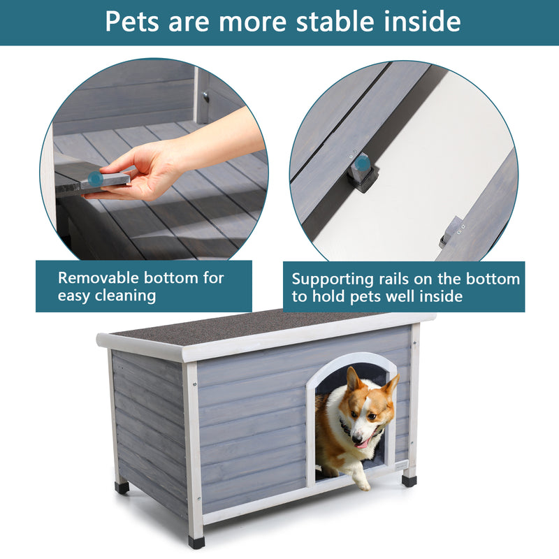 Medium Wooden Outdoor Dog House, Waterproof Roof, Elevated Floor, Adjustable Plastic Feet, Red, Grey, Yellow