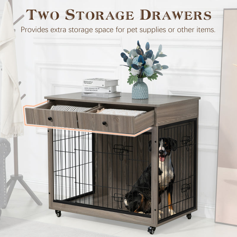 Dog Crate Furniture, Wooden Dog Crate End Table, Dog Kennel with 2 Drawers Storage, Heavy Duty Dog Crate, Decorative Pet Crate Dog Cage for Large Indoor Use