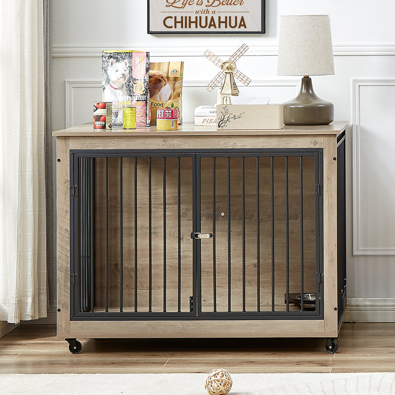 Furniture Style Dog Crate Side Table With Rotatable Feeding Bowl, Wheels, Three Doors, Flip-Up Top Opening. Indoor, Rustic Brown, Grey
