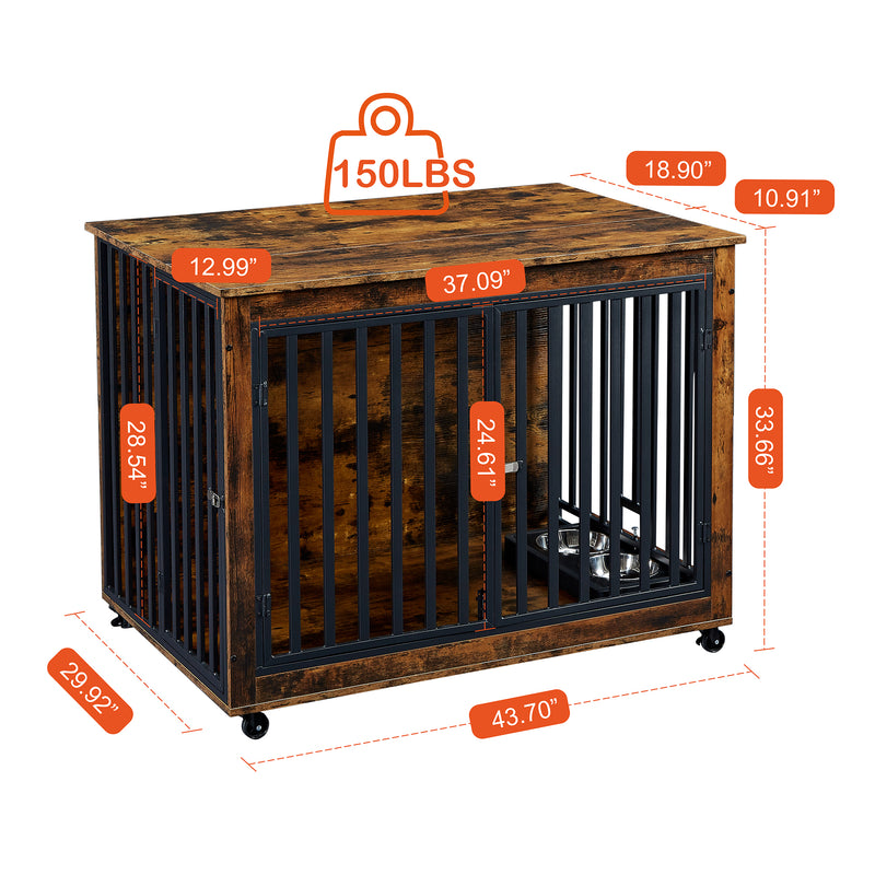 Furniture Style Dog Crate Side Table With Feeding Bowl, Wheels, Three Doors, Flip-Up Top Opening. Indoor, Rustic Brown, Grey
