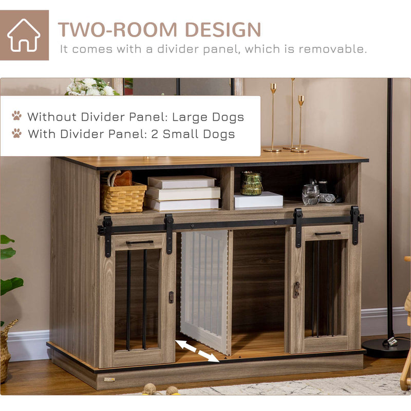 Dog Crate Furniture for Large Dogs or Double Dog Kennel for Small Dogs with Shelves, Sliding Doors, 47" x 23.5" x 35", Oak