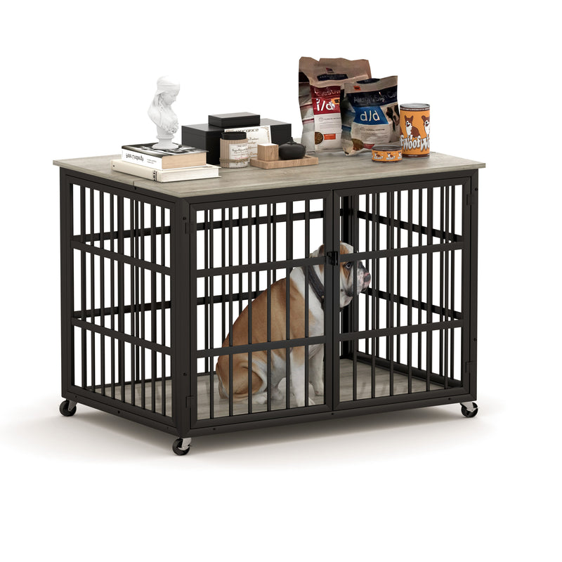 Furniture style dog crate wrought iron frame door with side openings, Rustic Brown, 43.3''W x 29.9''D x 33.5''H.