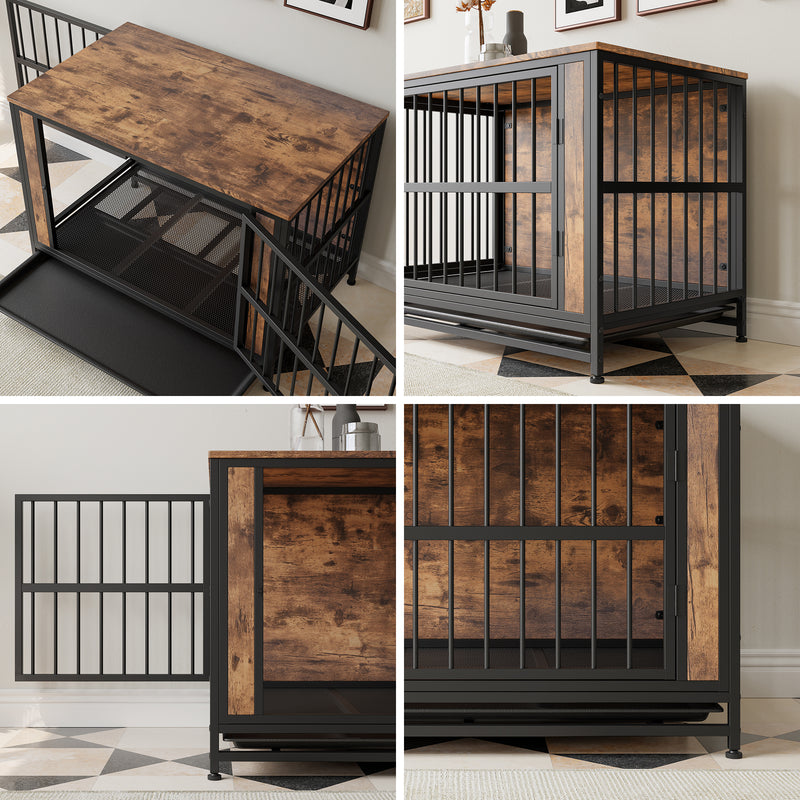 Dog Crate Furniture, Wooden Dog Crate Table, Dog Kennel with 2 Sliding Doors and Thick Iron Door Frame, Decorative Pet Crate House for Small Dog Indoor Use