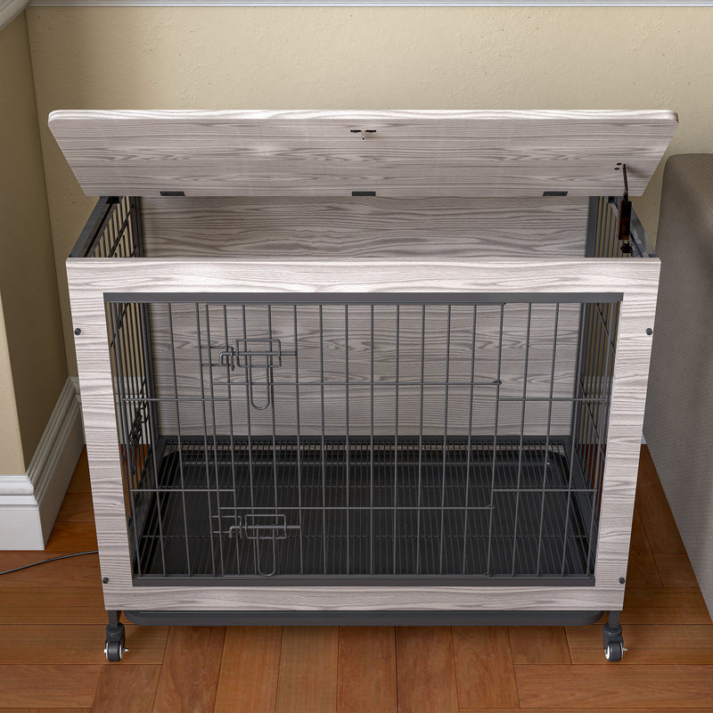 Dog Crate Furniture , Heavy Duty Wooden Dog Kennel with Double Doors & Flip-Top for Large Dogs, Furniture Style Dog Crate End Table with Wheels