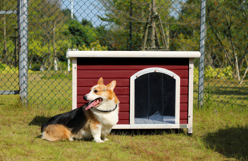 Medium Wooden Outdoor Dog House, Waterproof Roof, Elevated Floor, Adjustable Plastic Feet, Red, Grey, Yellow