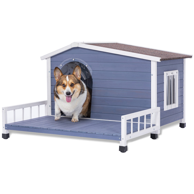 Large Wooden Dog House Indoor Outdoor with Terrace and Open Waterproof Asphalt Roof, Outdoor Dog House with Raised Floor, Windows and Door Curtains, Suitable for Small and Medium Dogs