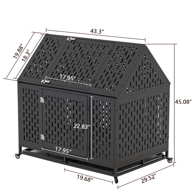 45" Heavy Duty Dog Crate 45 inch Indestructible Pet Dog Cage Crate Kennel with Roof Top 2 Doors Removable Trays, Lockable Wheels, Escape-Proof for High Anxiety Large/Extra Dogs