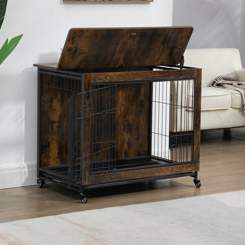 Dog Crate Furniture , Heavy Duty Wooden Dog Kennel with Double Doors & Flip-Top for Large Dogs, Furniture Style Dog Crate End Table with Wheels