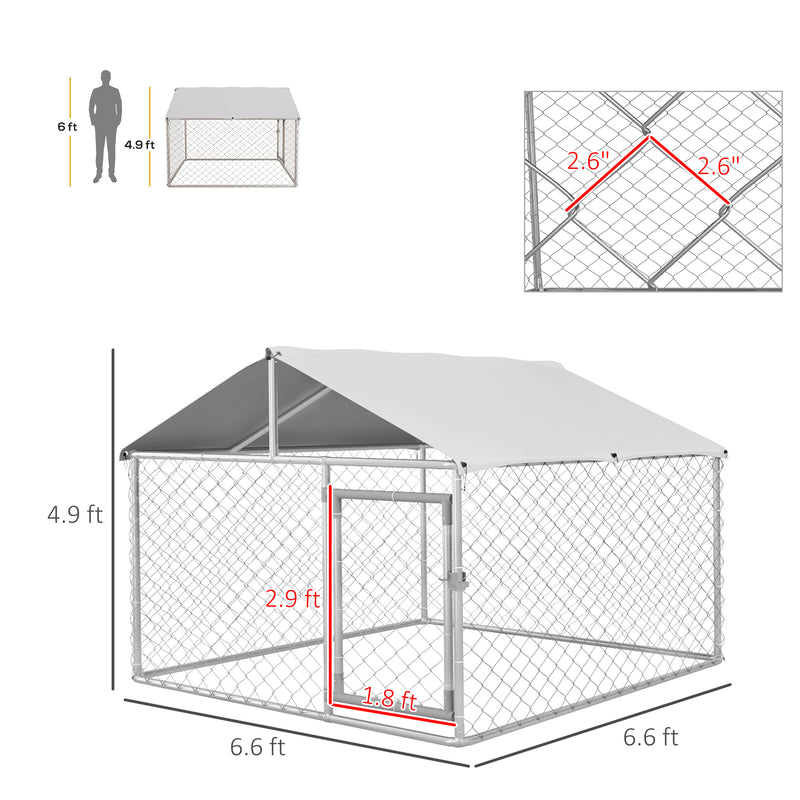 Large Dog Kennel Outside, Heavy Duty Dog Cage with Waterproof Cover, Outdoor Fence Dog Run with Galvanized Chain Link, Secure Lock, 6.6' x 6.6' x 4.9'