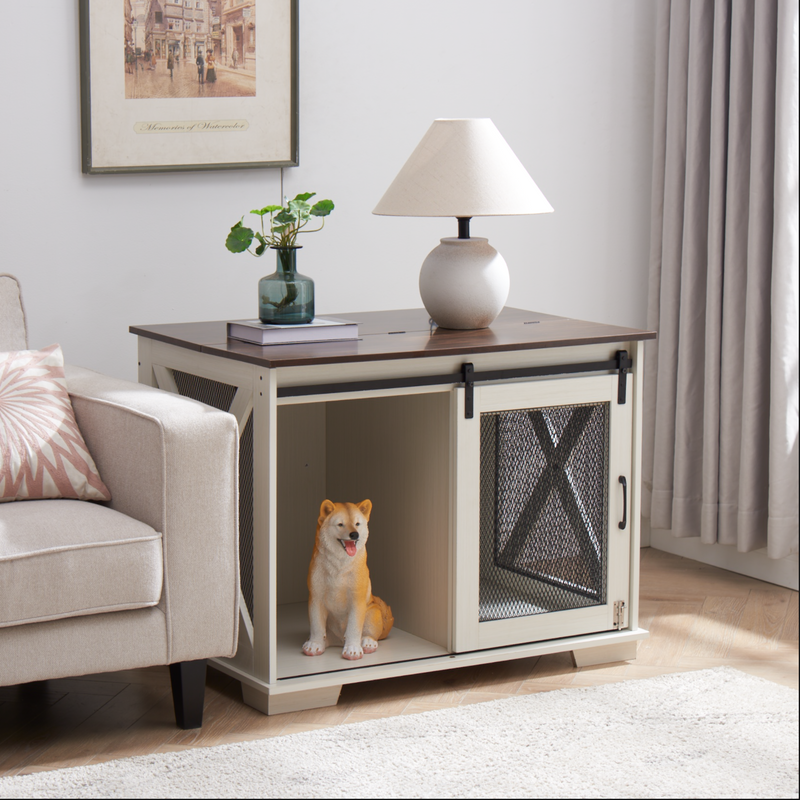 Farmhouse Dog Cage Crate Furniture with Sliding Barn Door, Farmhouse Wooden Dog Kennel End Table with Flip-top Plate Dog House with Detachable Divider for Small/Medium/Large Dog White