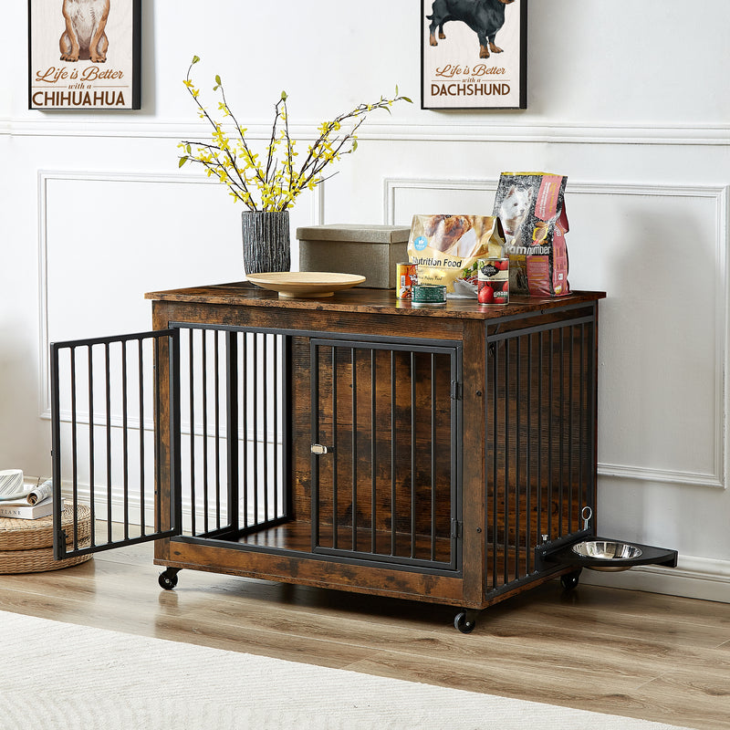 Furniture Style Dog Crate Side Table With Rotatable Feeding Bowl, Wheels, Three Doors, Flip-Up Top Opening. Indoor, Rustic Brown, Grey