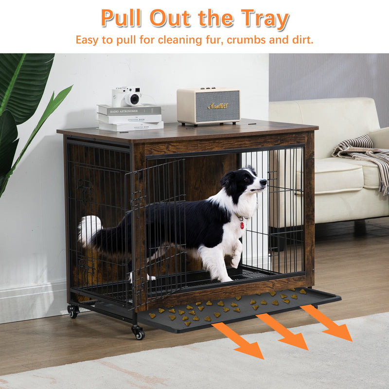 Dog Crate Furniture , Heavy Duty Wooden Dog Kennel with Double Doors & Flip-Top for Large Dogs, Furniture Style Dog Crate End Table with Wheels