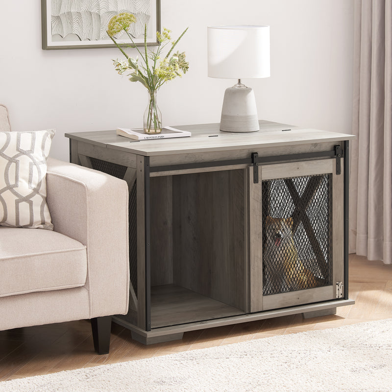 Dog Cage Crate Furniture with Sliding Barn Door, Farmhouse Wooden Dog Kennel End Table with Flip-top Plate Dog House with Detachable Divider for Small/Medium/Large Dog