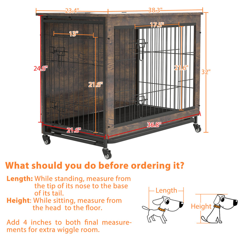 Dog Crate Furniture , Heavy Duty Wooden Dog Kennel with Double Doors & Flip-Top for Large Dogs, Furniture Style Dog Crate End Table with Wheels