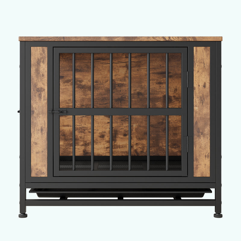 Dog Crate Furniture, Wooden Dog Crate Table, Dog Kennel with 2 Sliding Doors and Thick Iron Door Frame, Decorative Pet Crate House for Small Dog Indoor Use