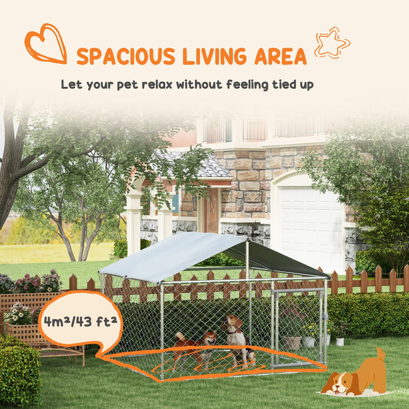 Large Dog Kennel Outside, Heavy Duty Dog Cage with Waterproof Cover, Outdoor Fence Dog Run with Galvanized Chain Link, Secure Lock, 6.6' x 6.6' x 4.9'