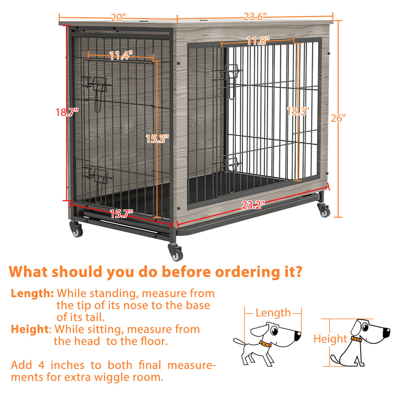 Dog Crate Furniture , Heavy Duty Wooden Dog Kennel with Double Doors & Flip-Top for Large Dogs, Furniture Style Dog Crate End Table with Wheels