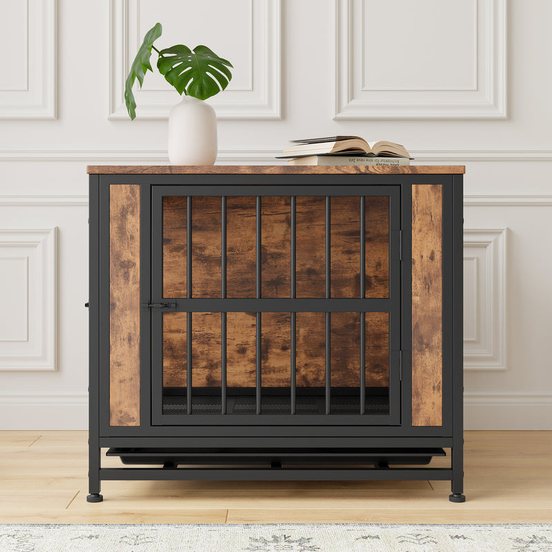 Dog Crate Furniture, Wooden Dog Crate Table, Dog Kennel with 2 Sliding Doors and Thick Iron Door Frame, Decorative Pet Crate House for Small Dog Indoor Use
