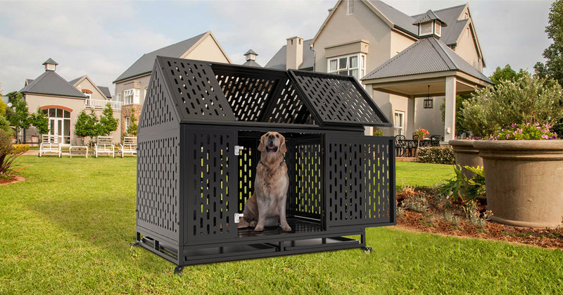45" Heavy Duty Dog Crate 45 inch Indestructible Pet Dog Cage Crate Kennel with Roof Top 2 Doors Removable Trays, Lockable Wheels, Escape-Proof for High Anxiety Large/Extra Dogs