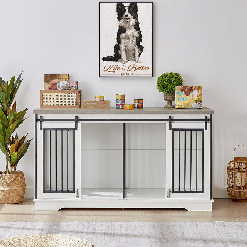 Super large TV cabinet dog crate dog cage End table, dog cage can keep two dogs.White & Grey, 60.6'' W x 22.8'' D x 33.9'' H.