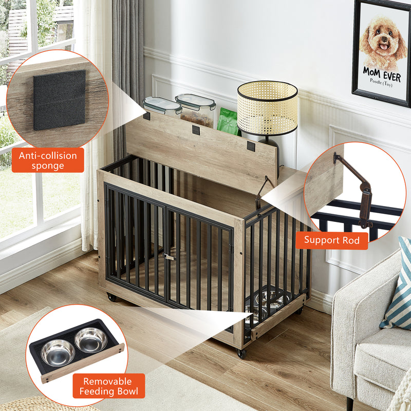 Furniture Style Dog Crate Side Table With Feeding Bowl, Wheels, Three Doors, Flip-Up Top Opening. Indoor, Rustic Brown, Grey